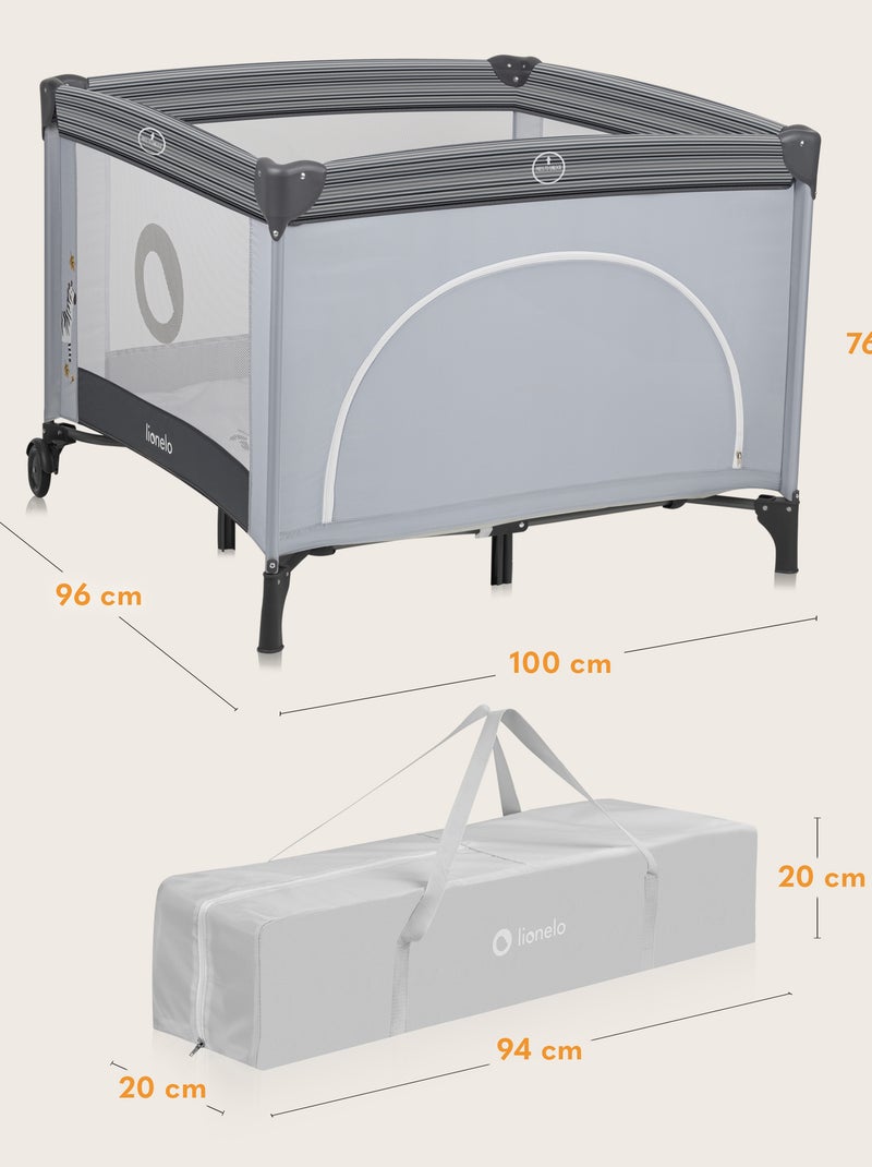 Parque infantil LIONELO Bonnie – 100 x 96 cm – Colchão confortável – Rodas – Bolsa de transporte Cinza-cinza - Kiabi