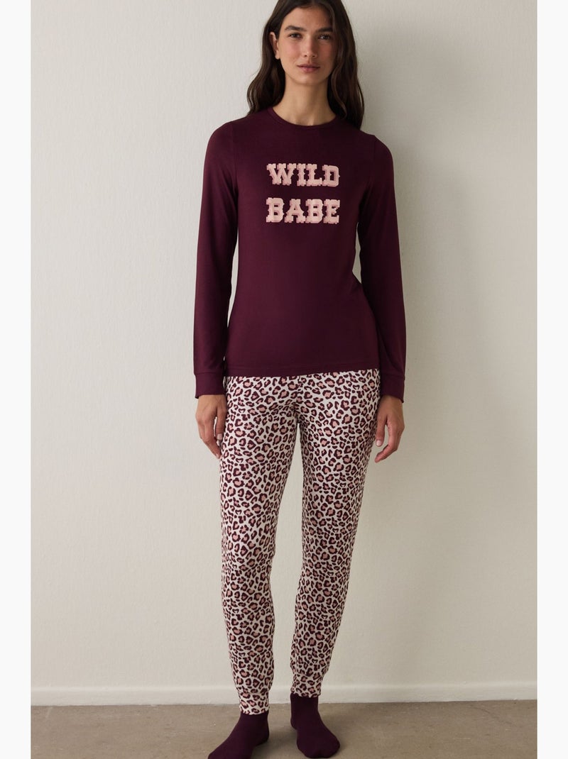 Parte de cima de pijama com slogan, manga comprida e efeito térmico penti Vermelho bordô - Kiabi