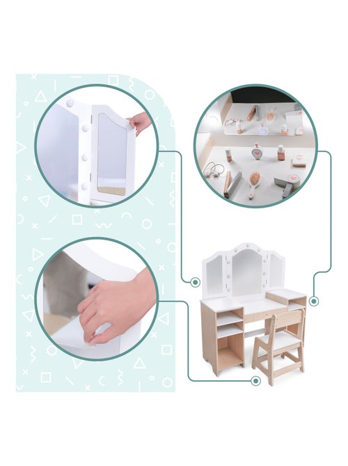 Penteadeira infantil de madeira com cadeira, acessórios e luzes led - Kiabi