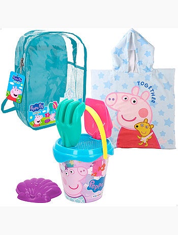 Peppa pig conjunto de balde de praia com acessórios, mochila e poncho