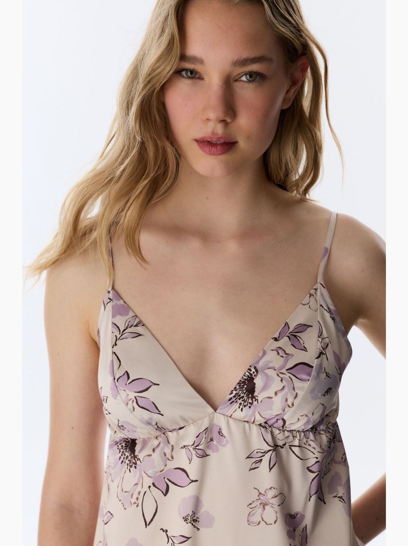 Petal cetim floral camisa de noite penti Bege natural - Kiabi