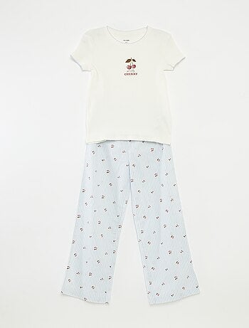 Pijama 2 peças de algodão t-shirt canelada + calças de popelina - 2 peças
