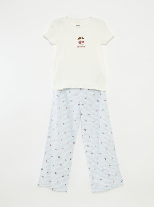 Pijama 2 peças de algodão t-shirt canelada + calças de popelina - 2 peças - Kiabi