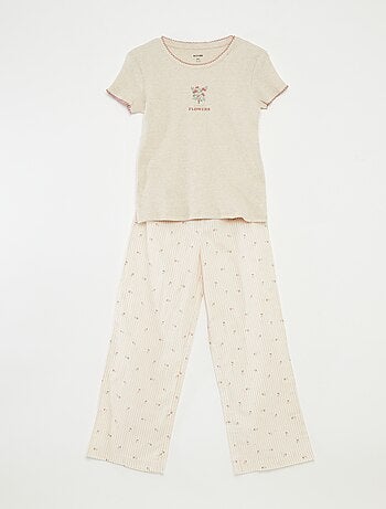 Pijama 2 peças de algodão t-shirt canelada + calças de popelina - 2 peças