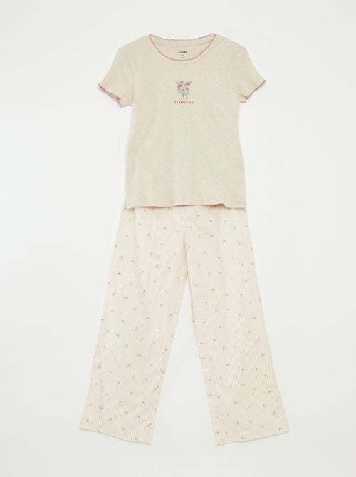 Pijama 2 peças de algodão t-shirt canelada + calças de popelina - 2 peças - Kiabi