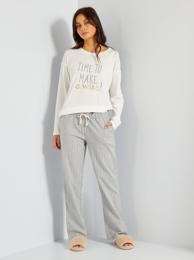 Pijama com calças em flanela  - 2 peças BRANCO - Kiabi