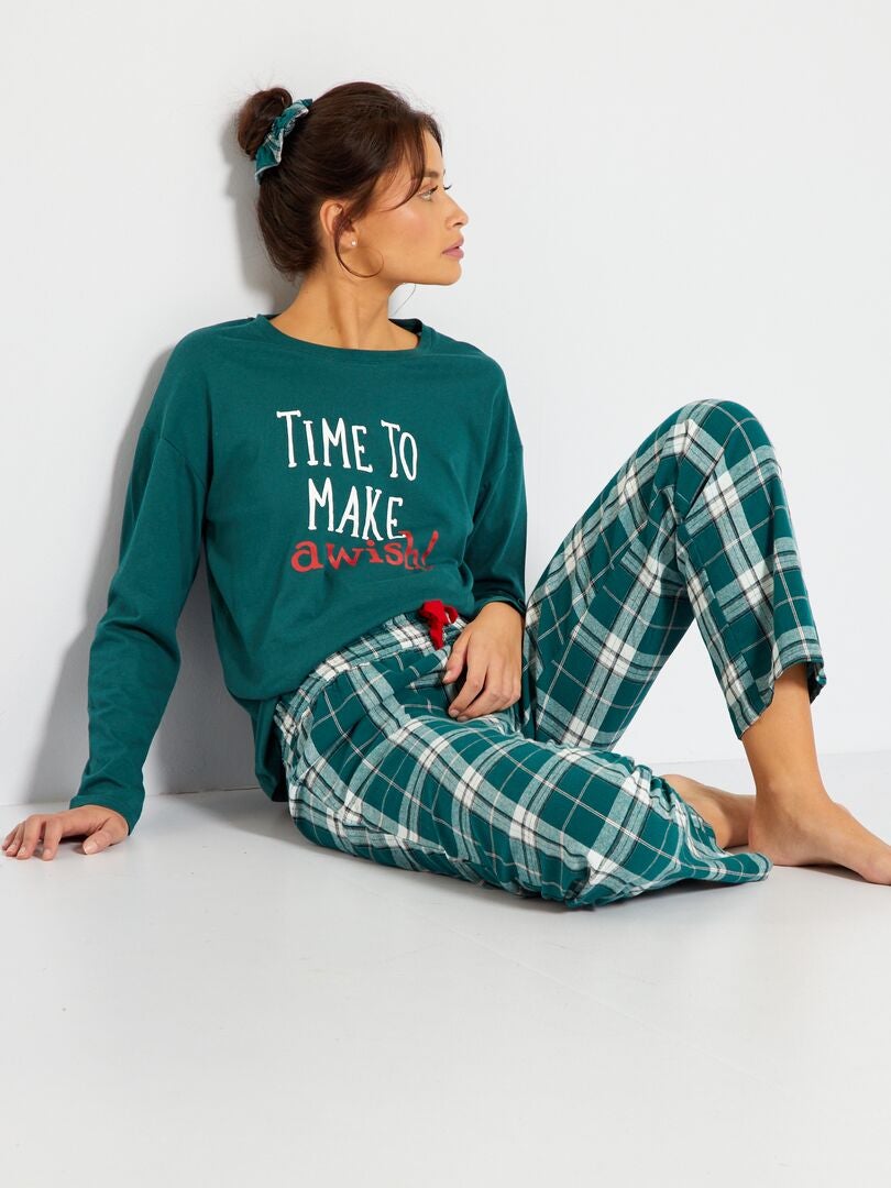 Pijama com calças em flanela + elástico de cabelo VERDE - Kiabi