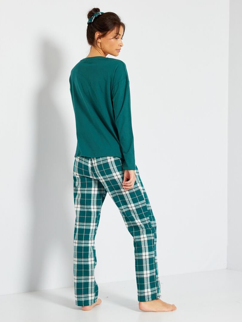 Pijama com calças em flanela + elástico de cabelo VERDE - Kiabi