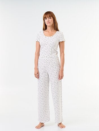 Pijama com textura waffle t-shirt + calças com padrão - 2 peças