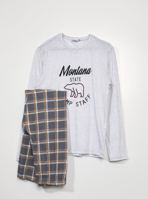 Pijama comprido - inscrição Montana e quadrados - 2 peças - Kiabi
