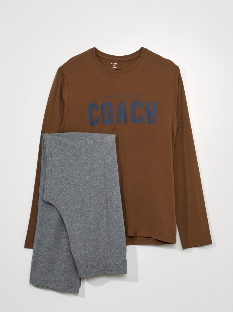 Pijama comprido - inscrição 'morning coach' - 2 peças MARROM - Kiabi