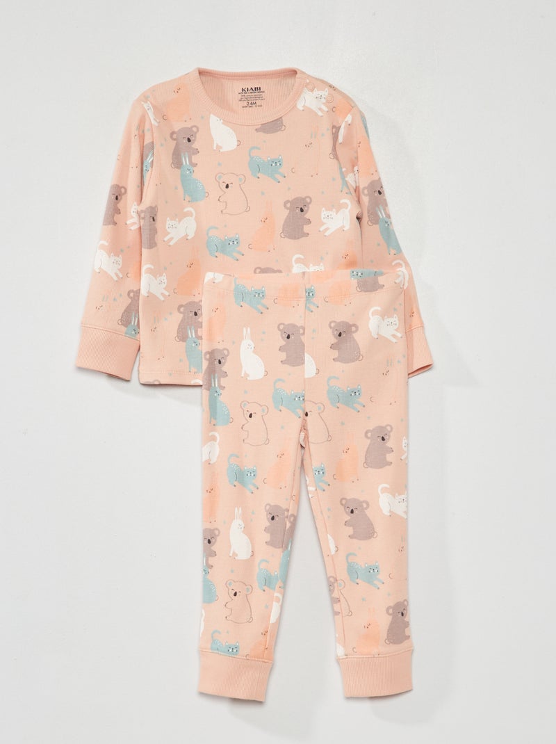Pijama comprido canelado - 2 peças ROSA - Kiabi