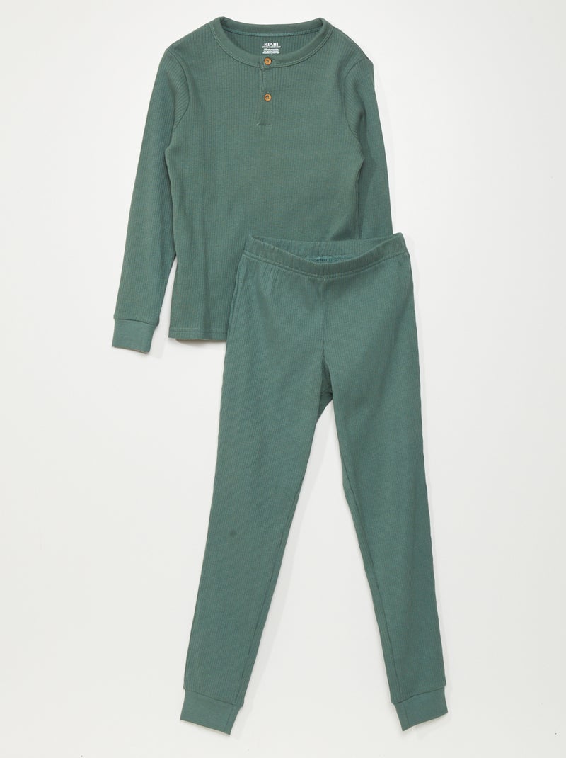 Pijama comprido canelado - 2 peças Verde - Kiabi