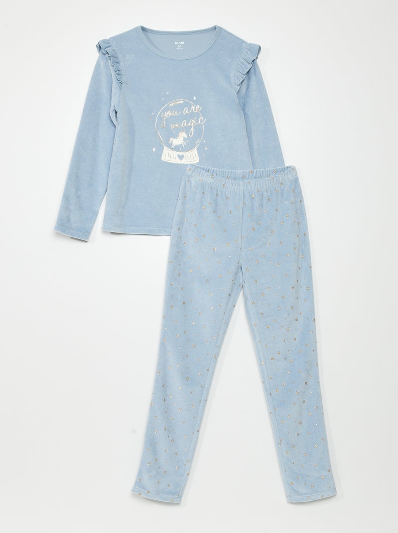 Pijama comprido de veludo - 2 peças AZUL - Kiabi