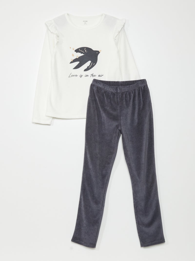 Pijama comprido de veludo - 2 peças BRANCO - Kiabi