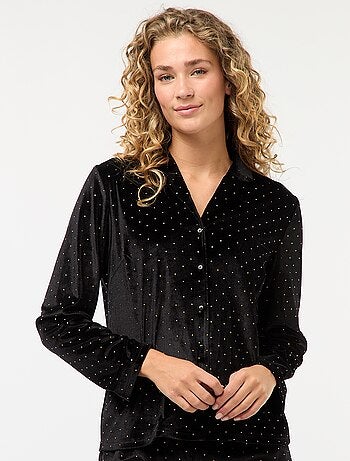 Pijama comprido de veludo com padrão de bolinhas douradas - 2 peças