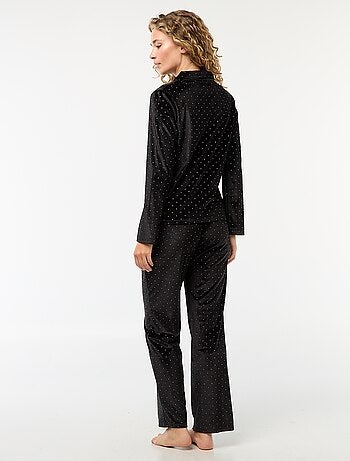 Pijama comprido de veludo com padrão de bolinhas douradas - 2 peças