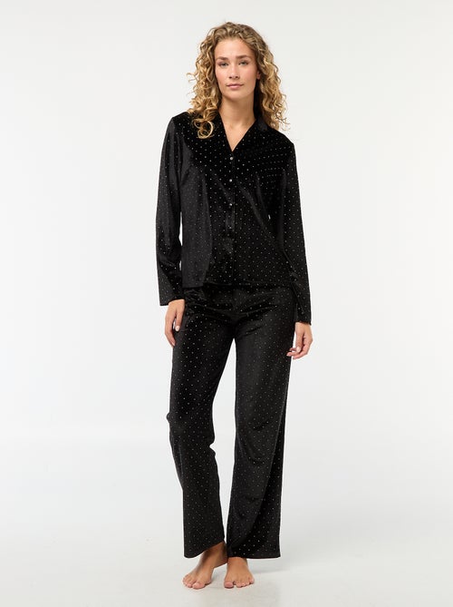Pijama comprido de veludo com padrão de bolinhas douradas - 2 peças - Kiabi