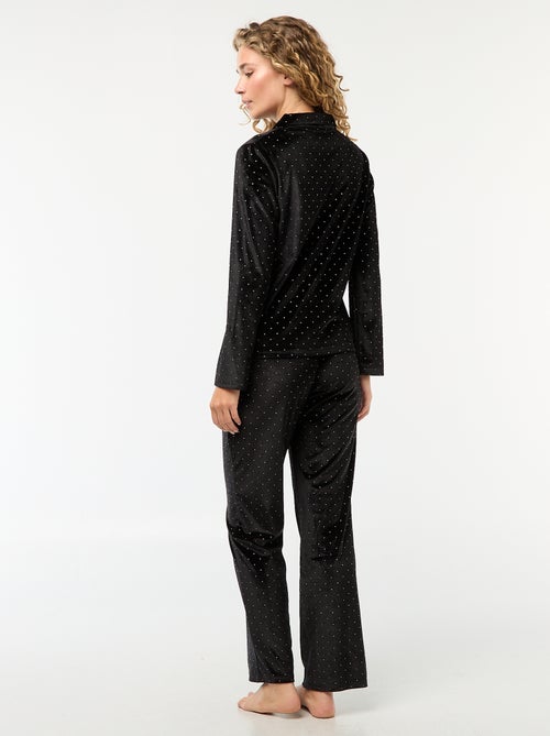 Pijama comprido de veludo com padrão de bolinhas douradas - 2 peças - Kiabi