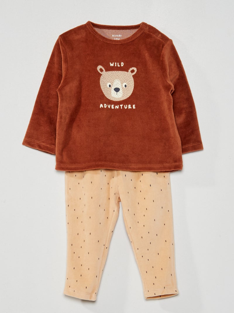 Pijama comprido de veludo estampado de 2 peças CASTANHO - Kiabi