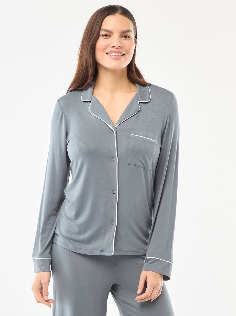 Pijama comprido em malha macia stretch - 2 peças Cinza - Kiabi