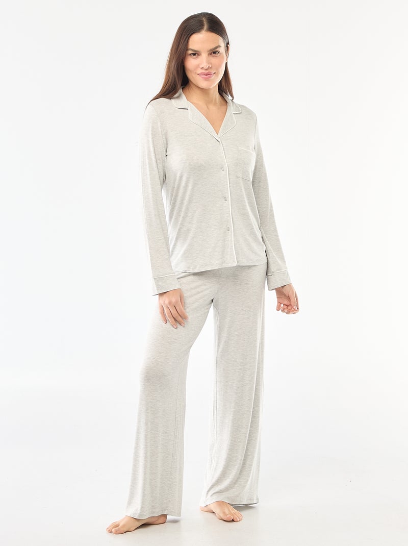 Pijama comprido em malha macia stretch - 2 peças Cinza - Kiabi