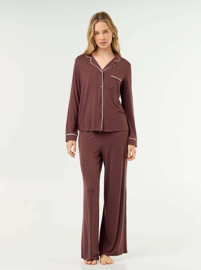 Pijama comprido em malha suave stretch - 2 peças Castanho - Kiabi
