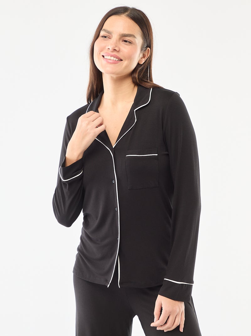 Pijama comprido em malha suave stretch - 2 peças Preto - Kiabi