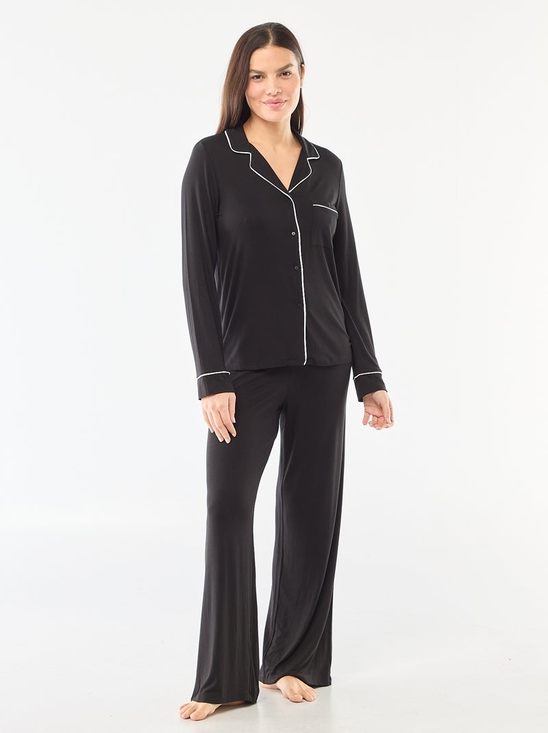Pijama comprido em malha suave stretch - 2 peças Preto - Kiabi