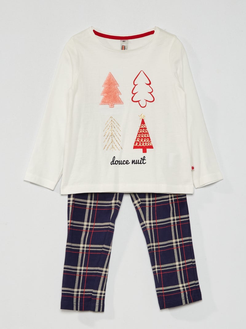 Pijama comprido estampado - 2 peças Branco/ Marinho - Kiabi