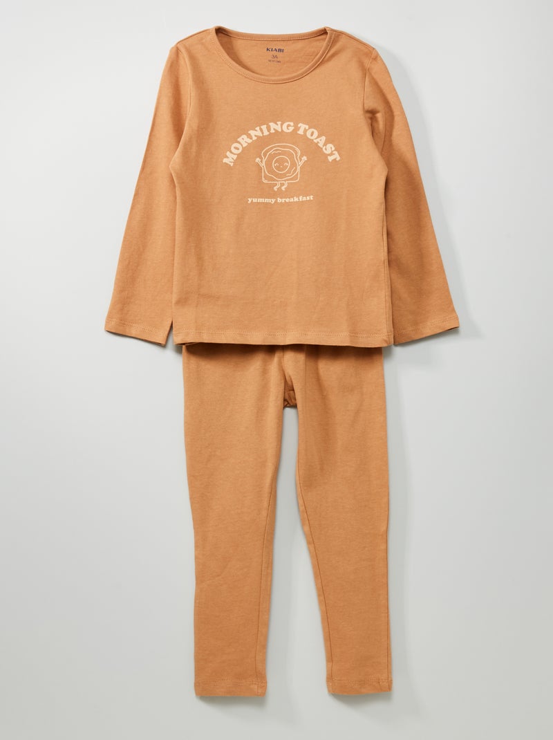 Pijama comprido estampado de algodão de 2 peças MARROM - Kiabi