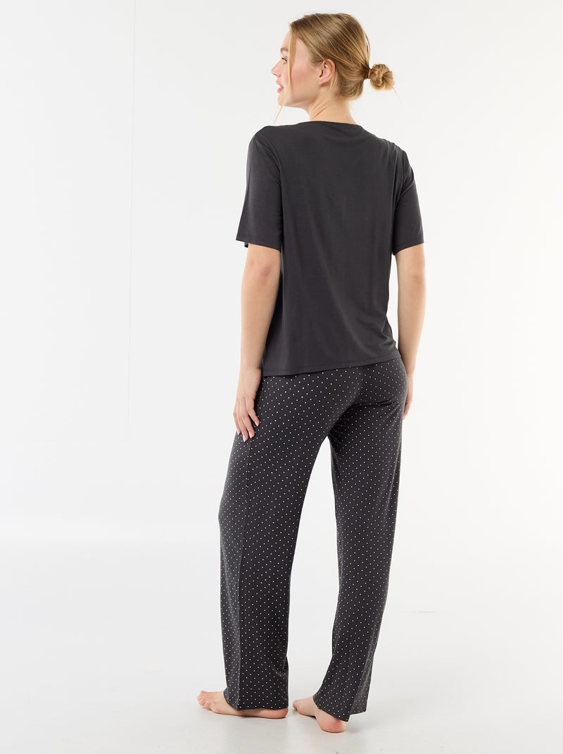 Pijama comprido estampado de bolinhas - 2 peças Preto - Kiabi