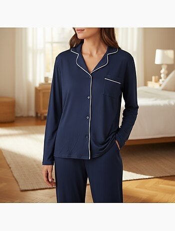 Pijama Comprido Mulher Gola Camisa Passamanaria Branco INFINITIF PARIS