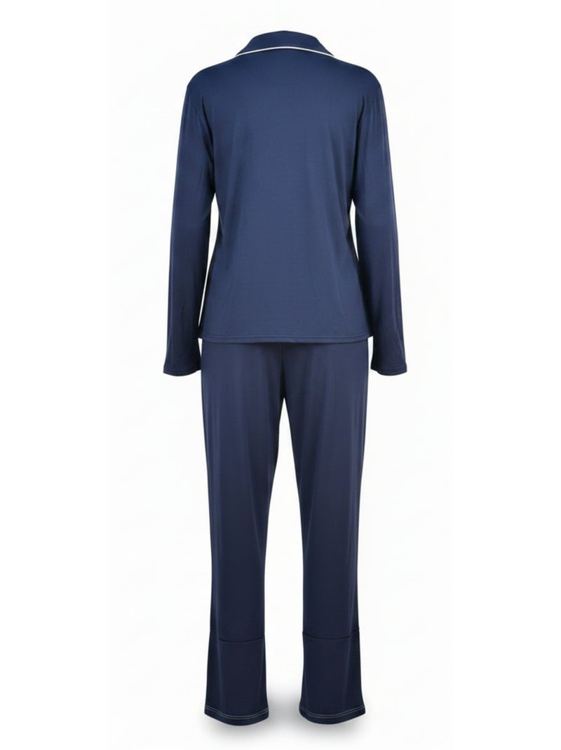 Pijama Comprido Mulher Gola Camisa Passamanaria Branco INFINITIF PARIS Azul-marinho - Kiabi