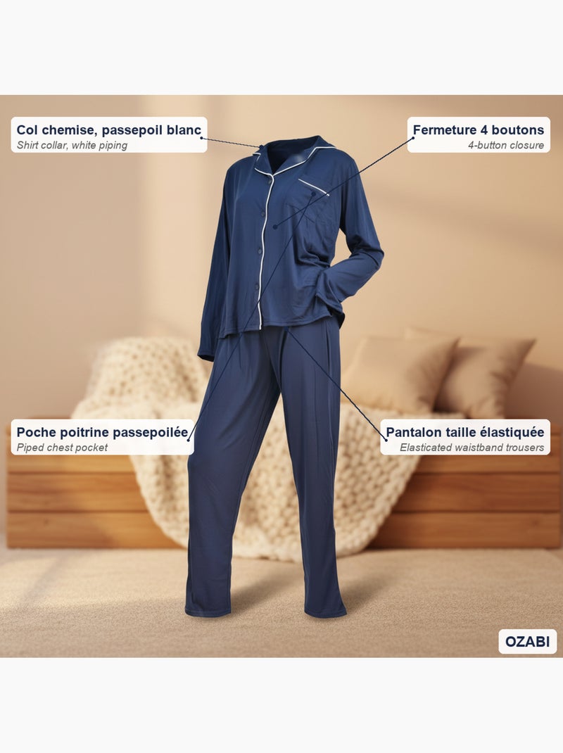 Pijama Comprido Mulher Gola Camisa Passamanaria Branco INFINITIF PARIS Azul-marinho - Kiabi