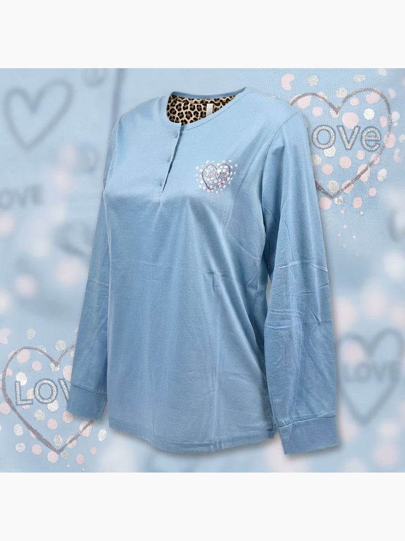 Pijama Comprido Mulher Manga Comprida OZABI Azul - Kiabi