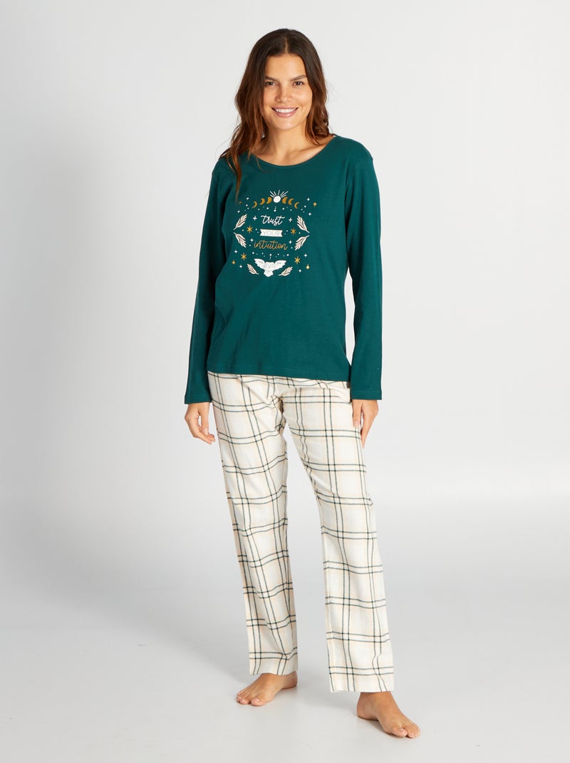 Pijama comprido t-shirt + calças em flanela - 2 peças VERDE - Kiabi