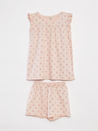 Pijama curto com calções + t-shirt com folhos - 2 peças