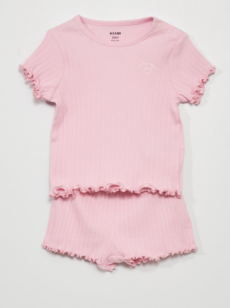 Pijama curto de malha canelada - 2 peças ROSA - Kiabi