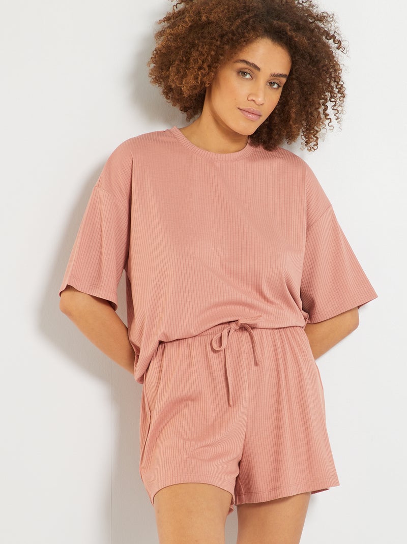 Pijama curto em jersey florido nervurado Rosa - Kiabi