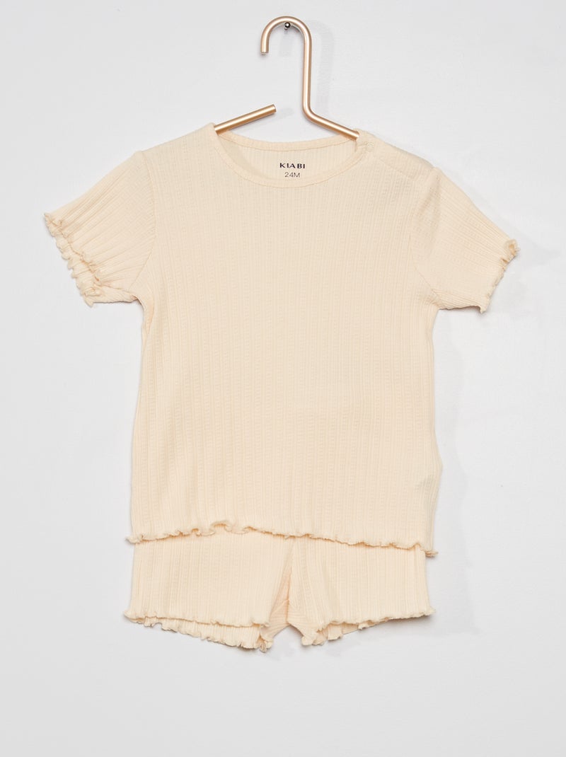 Pijama curto em malha canelada - 2 peças BRANCO - Kiabi
