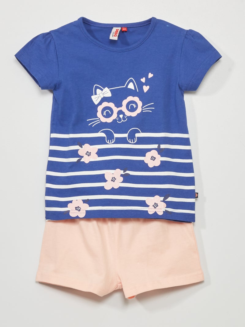 Pijama curto 'gato' - 2 peças Azul/ Rosa - Kiabi
