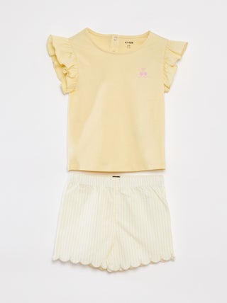 Pijama curto t-shirt + calções com folhos  - 2 peças