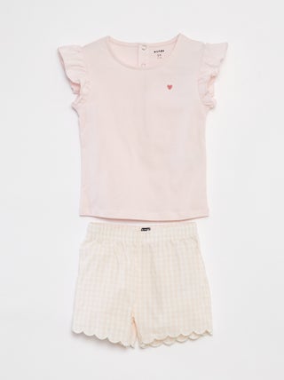 Pijama curto t-shirt + calções com folhos  - 2 peças