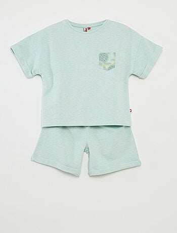 Pijama curto t-shirt com bolso + calções lisos - 2 peças