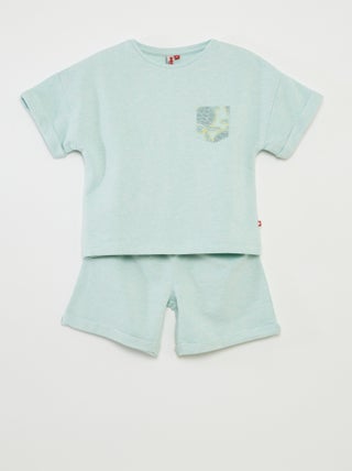 Pijama curto t-shirt com bolso + calções lisos - 2 peças