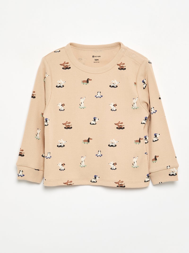 Pijama de 2 peças em canelado estampado Bege - Kiabi