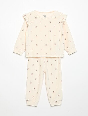 Pijama de 2 peças em veludo - Camisola com folhos nas cavas + calças