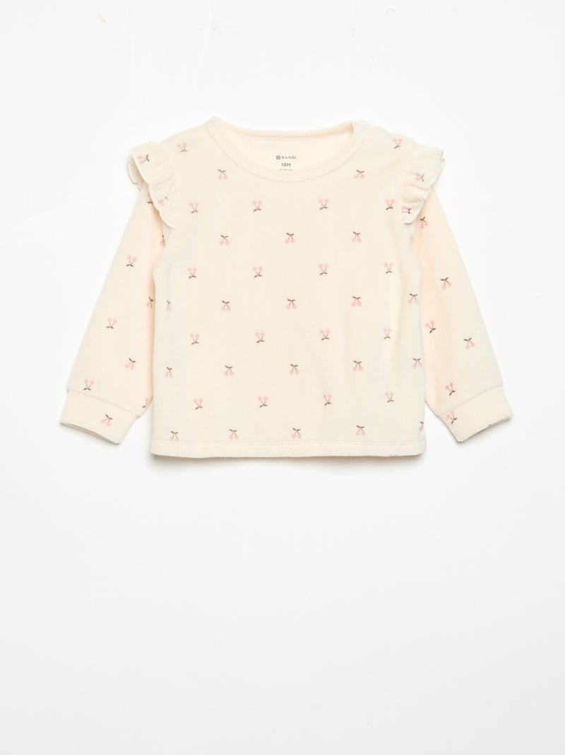 Pijama de 2 peças em veludo - Camisola com folhos nas cavas + calças Bege - Kiabi