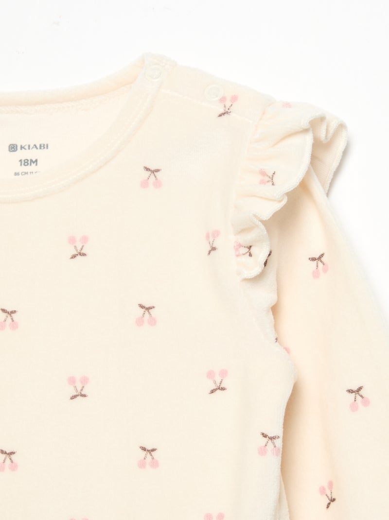 Pijama de 2 peças em veludo - Camisola com folhos nas cavas + calças Bege - Kiabi